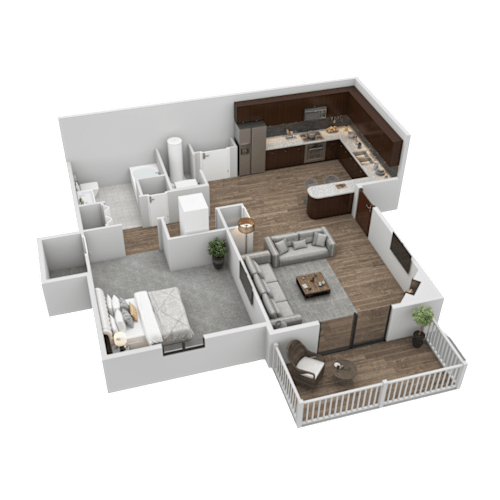 Floor Plan  A 3D floor plan of a house with a living room, kitchen, and two bedrooms.