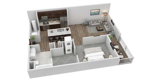 Floor Plan  A 3D rendered image of a modern apartment layout.