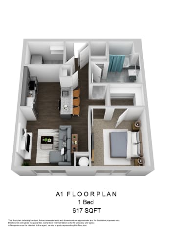 Floor Plan  A1 One Bedroom 3D Floorplan
