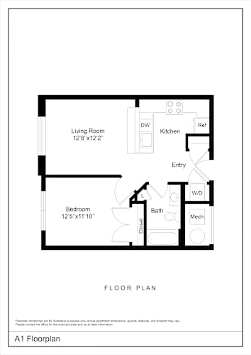 Floor Plan  A black and white image of a floor plan for a one bedroom apartment.
