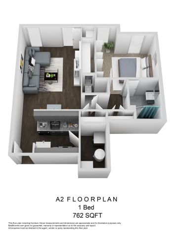 Floor Plan  A2 One Bedroom 3D Floorplan