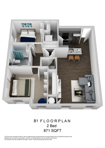 Floor Plan  B1 Two Bedroom 3D Floorplan