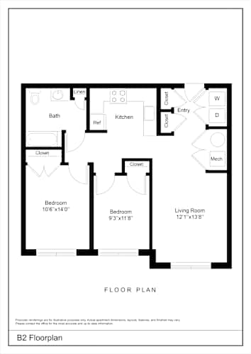 Floor Plan  A black and white image of a floor plan for a B2 apartment.