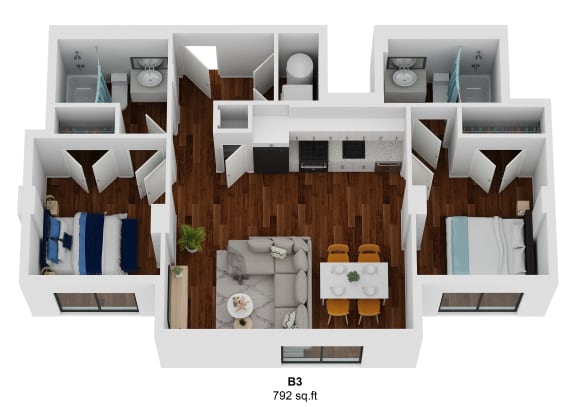 Floor Plan  B3 Two Bedroom 3D Floorplan