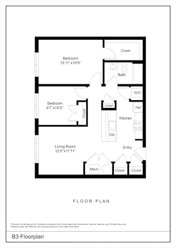 Floor Plan  A black and white image of a floor plan for a B3 apartment.