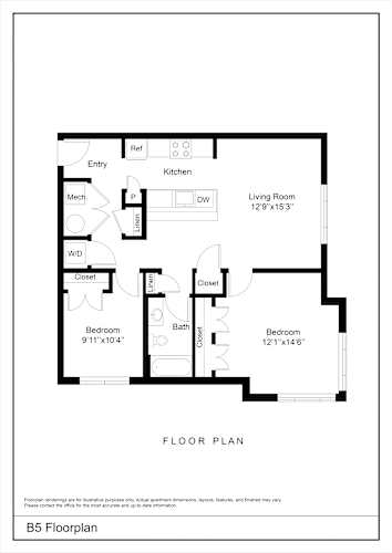 Floor Plan  A black and white image of a floor plan for an apartment.