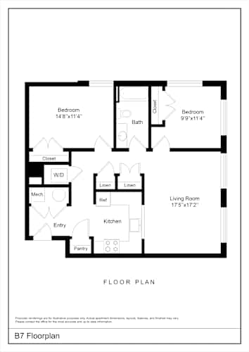 Floor Plan  A black and white floor plan of an apartment layout.