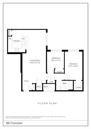 Floor Plan  A black and white floor plan of a B8 apartment.