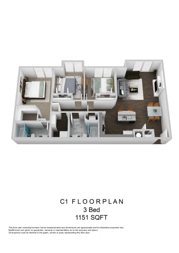 Floor Plan  C1 Three Bedroom 3D Floorplan