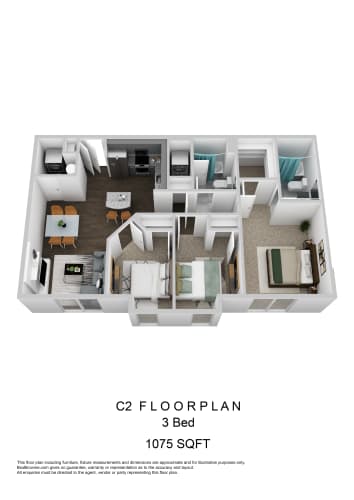 Floor Plan  C2 Three Bedroom 3D Floorplan