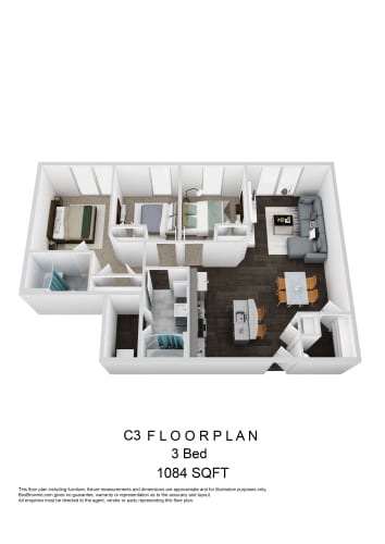 Floor Plan  C3 Three Bedroom 3D Floorplan