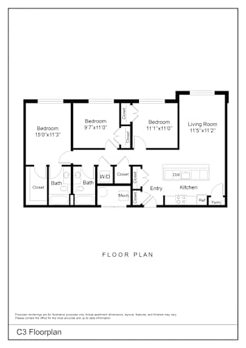 Floor Plan  A black and white floor plan of a C3 apartment.