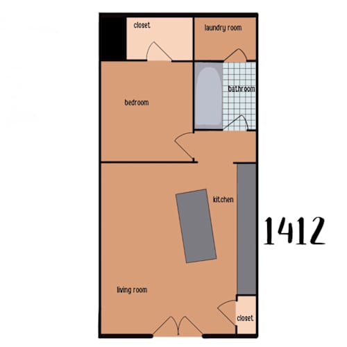 Floor Plan  A diagram of a floor plan with a kitchen, living room, bedroom and bathroom.