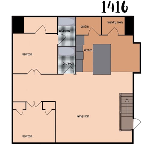 Floor Plan  A floor plan of a 1416 square foot home with two bedrooms, a living room, a kitchen, a pantry, a bathroom, and a laundry room.