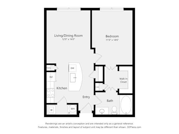 Floor Plan  A floor plan of a small apartment with a living room, kitchen, bathroom and bedroom.