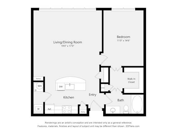 Floor Plan  A floor plan of a house with a living/dining room, kitchen, bath, and bedroom.
