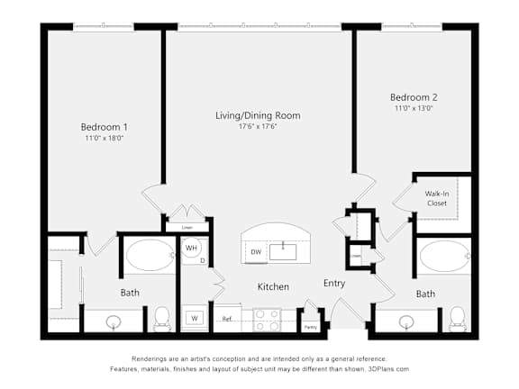 Floor Plan  A black and white floor plan of a two bedroom apartment.