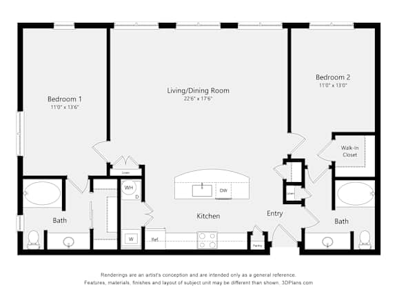 Floor Plan  A floor plan of a small apartment with two bedrooms, a bathroom, a kitchen, and a living/dining room.