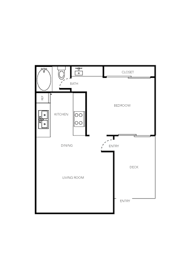 Floor Plan  A floor plan of a small apartment with a kitchen, living room, and bathroom.
