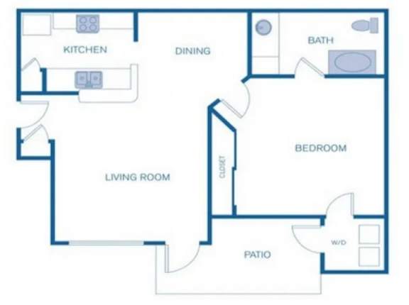 Floor Plan  A floor plan of a house with a kitchen, dining room, living room, bedroom, bathroom, and patio.