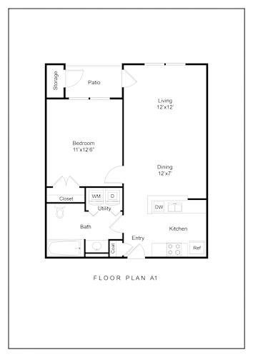 Floor Plan  A floor plan of a home with a living room, dining room, bedroom, closet, bathroom, and kitchen.