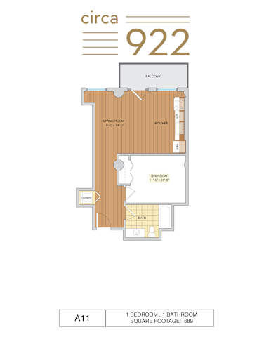Floor Plan  A 1 bedroom, 1 bathroom apartment with a living room, kitchen and balcony.