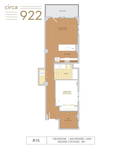 Floor Plan  A floor plan for a 901 square foot apartment with one bedroom and one bathroom.
