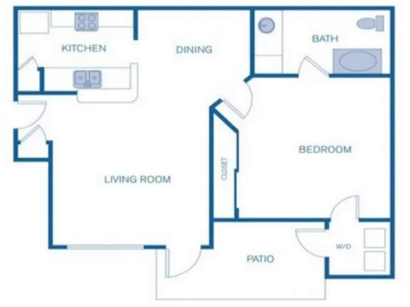 Floor Plan  A floor plan of a house with a kitchen, dining room, living room, bedroom, bathroom, and patio.