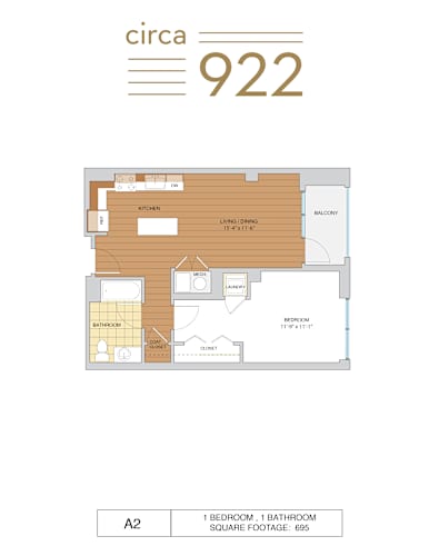 Floor Plan  A 1 bedroom, 1 bathroom apartment with a living room and balcony.