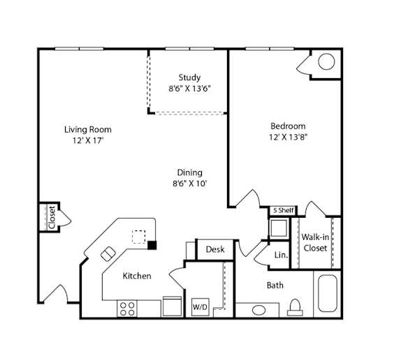 Floor Plan  A black and white image of a floor plan for a small apartment.