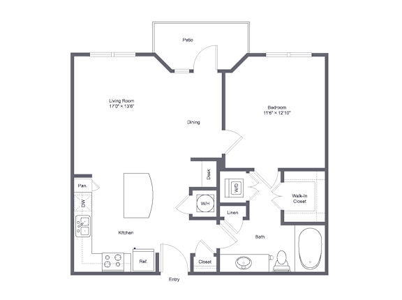 Floor Plan  A floor plan of a home with a living room, dining room, kitchen, bathroom, bedroom, and entry.
