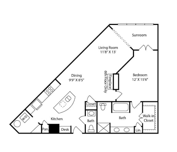 Floor Plan  A floor plan of a small apartment with a kitchen, living room, dining area, and bathroom.
