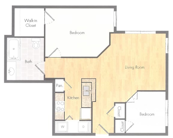 Floor Plan  A floor plan of a house with a living room, kitchen, two bedrooms, a bathroom, and a walk-in closet.