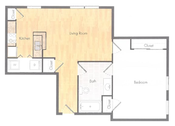Floor Plan  A floor plan of a small apartment with a living room, kitchen, and bedroom.