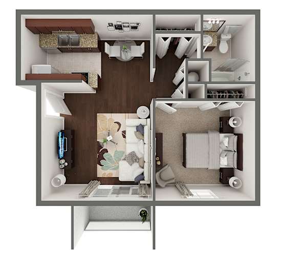 Floor Plan  A 3D floor plan of a house showing a kitchen, living room, and bathroom.
