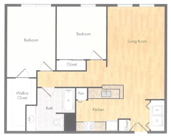 Floor Plan  A floor plan of a house with a living room, two bedrooms, a bathroom, a kitchen, a walk-in closet, and a closet.