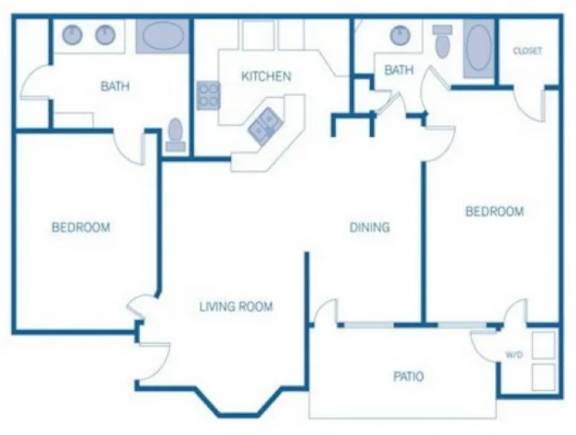 Floor Plan  A blue and white floor plan of a house with a living room, dining room, kitchen, two bedrooms, two bathrooms, and a patio.