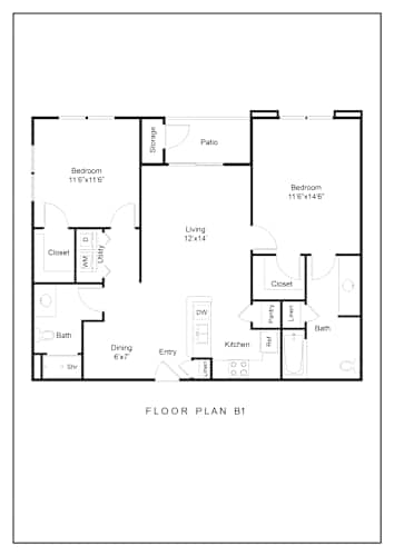 Floor Plan  A black and white floor plan of a house with two bedrooms, a living room, a dining room, a kitchen, a bathroom, a storage area, and a closet.