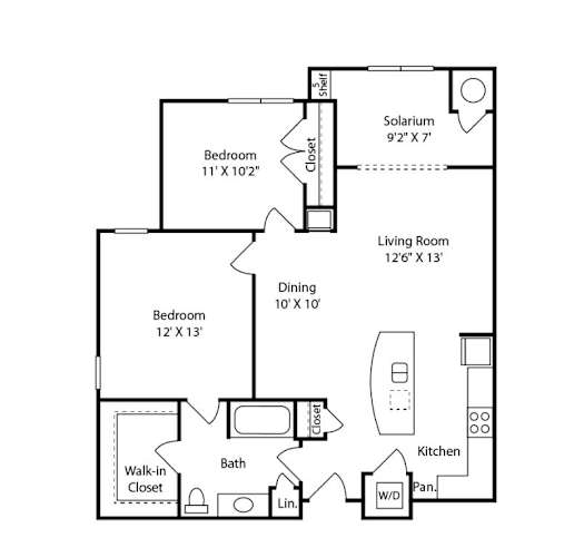 Floor Plan  A floor plan of a small apartment with a living room, two bedrooms, a kitchen, and a bathroom.