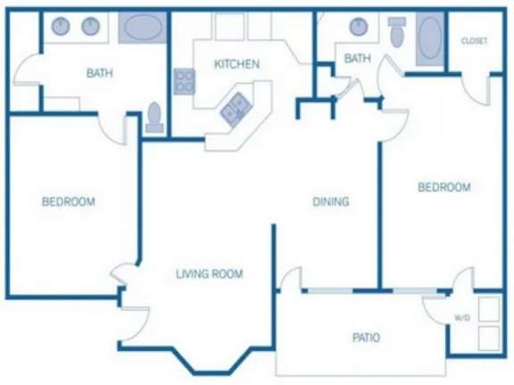 Floor Plan  A blue and white floor plan of a house with a living room, dining room, kitchen, two bedrooms, two bathrooms, and a patio.
