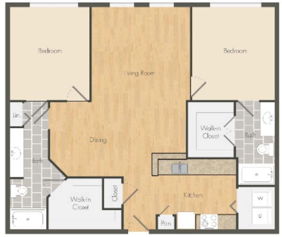 Floor Plan  A floor plan of a house with a living room, dining room, kitchen, and two bedrooms.