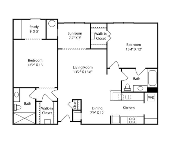 Floor Plan  A black and white floor plan of a house with a study, two bedrooms, a living room, a kitchen, a dining area, a bathroom, and a sunroom.