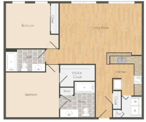 Floor Plan  A floor plan of a house with a living room, two bedrooms, a kitchen, and a walk-in closet.