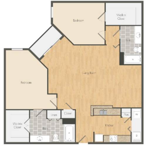 Floor Plan  A floor plan of a house with labeled rooms such as Bedroom, Bathroom, Kitchen, and Living Room.