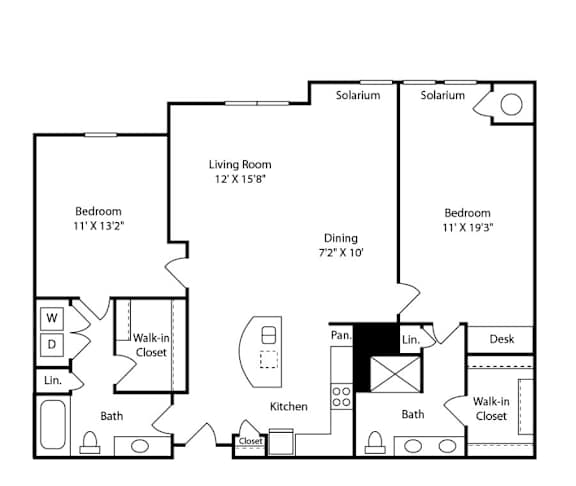 Floor Plan  A floor plan of a house with two bedrooms, a living room, a dining room, a kitchen, a walk-in closet, a bath, and two solar panels.