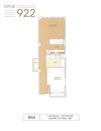 Floor Plan  A diagram of an apartment layout with a living room, kitchen, and two bathrooms.