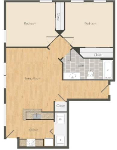 Floor Plan  A floor plan of a house with two bedrooms, a living room, a kitchen, and a closet.