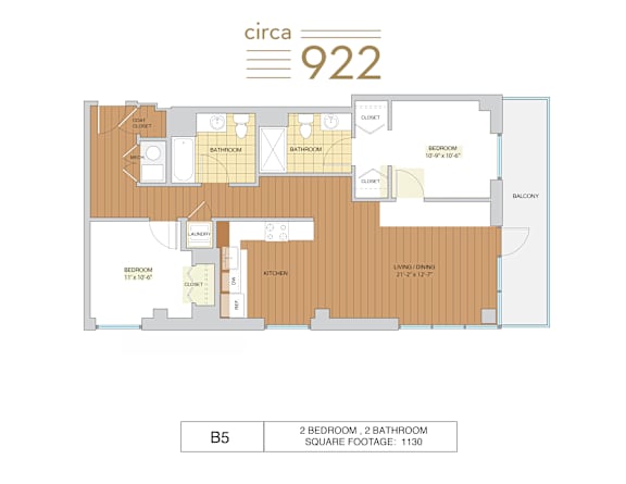 Floor Plan  A floor plan for a property at Circa 922 shows a living room, kitchen, two bedrooms, and two bathrooms.