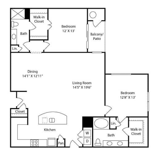 Floor Plan  A black and white image of a floor plan for a home with a living room, dining room, kitchen, and two bedrooms.