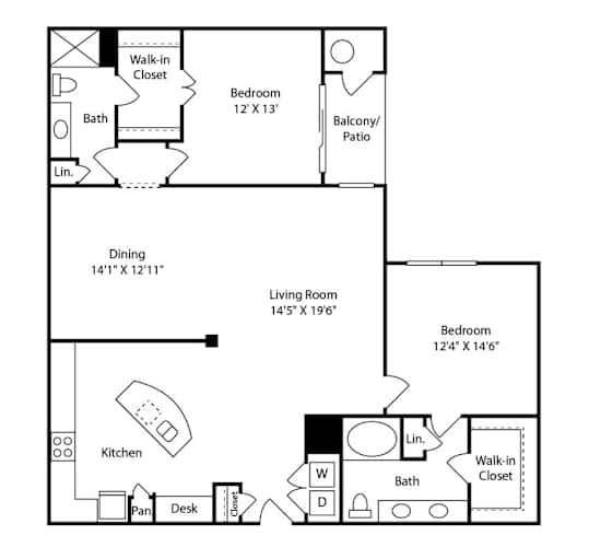 Floor Plan  A floor plan of a home with a living room, dining room, kitchen, and two bedrooms.